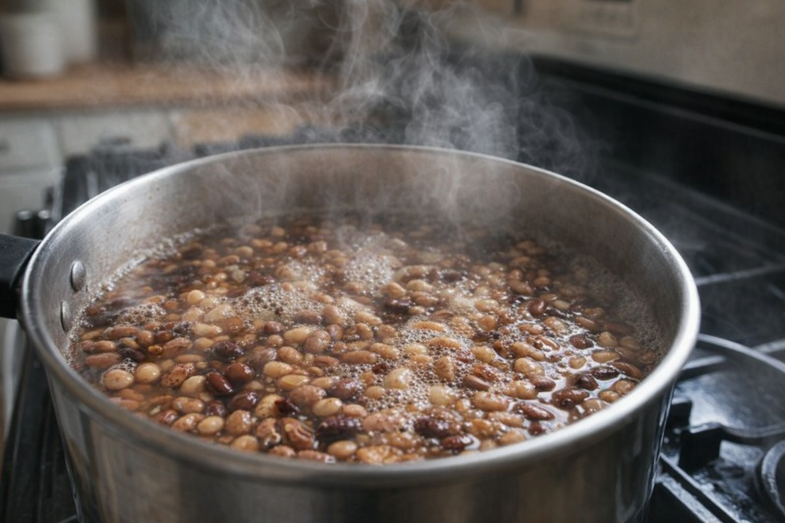 A medium shot of dried beans simmering in a pot on the stovetop, steam rising, kitchen background slightly blurred